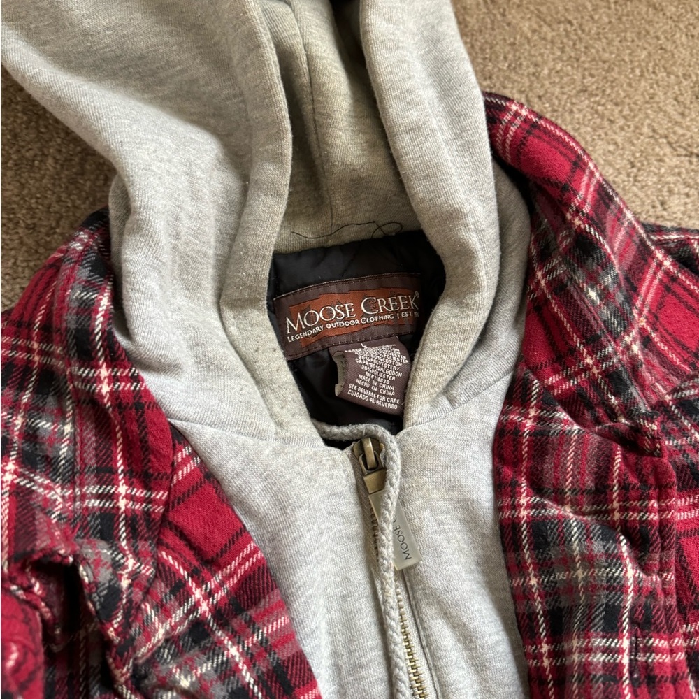 Moose Creek Sweatshirt Men's L Red Hooded Flannel Jacket Quilt Lined Shacket